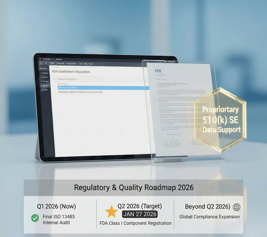 An exceptionally clean and transparent visual representing FDA compliance for LLLT devices. A high-resolution screen displays a successful search for BestLaser Opto Component Device Limited in the FDA database. The scene includes physical certificates for ISO 9001 and IATF 16949, alongside a prominent crystal-gold seal labeled 