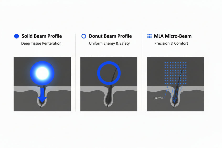 Three optical configurations for VCSEL beauty pens: Homogenized MLA Diffusion for eye safety, Precision Collimated Beam for spot treatment, and Hybrid Wavelength Fusion for 808nm and 660nm axis alignment.