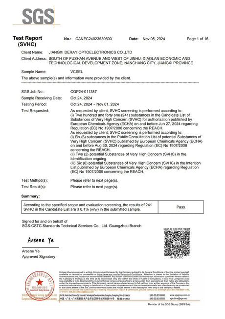 Image of SGS Certified VCSEL Laser Diode REACH Testing Report