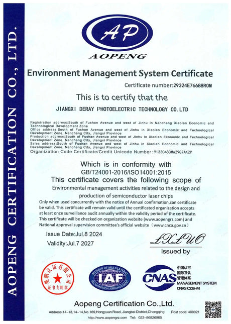 Image of VCSEL Laser Diode ISO 14001 Certificate