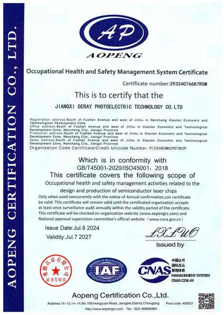 Image of VCSEL Laser Diode ISO 45001 Certificate